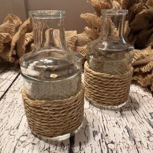 Set of 2 Small Bud Vases Clear Glass Rope Twine Nautical